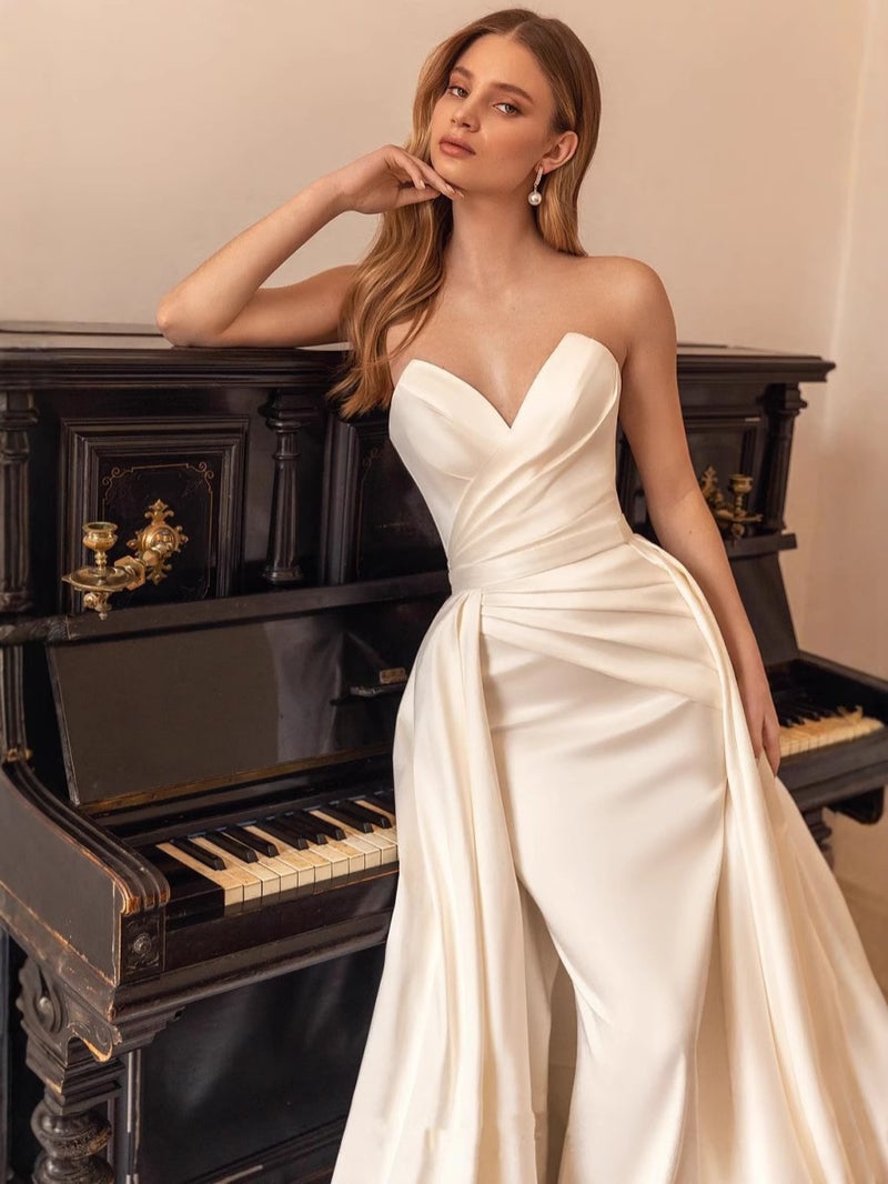 New Two-Wear Hip Satin Tube Dress Detachable Tail Wedding Dress Elegant Temperament Queen Banquet Dress - Image 4